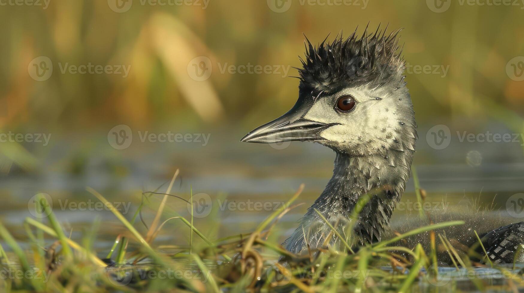 Close-up of a young bird with spiky feathers swimming in a grassy wetland environment photo