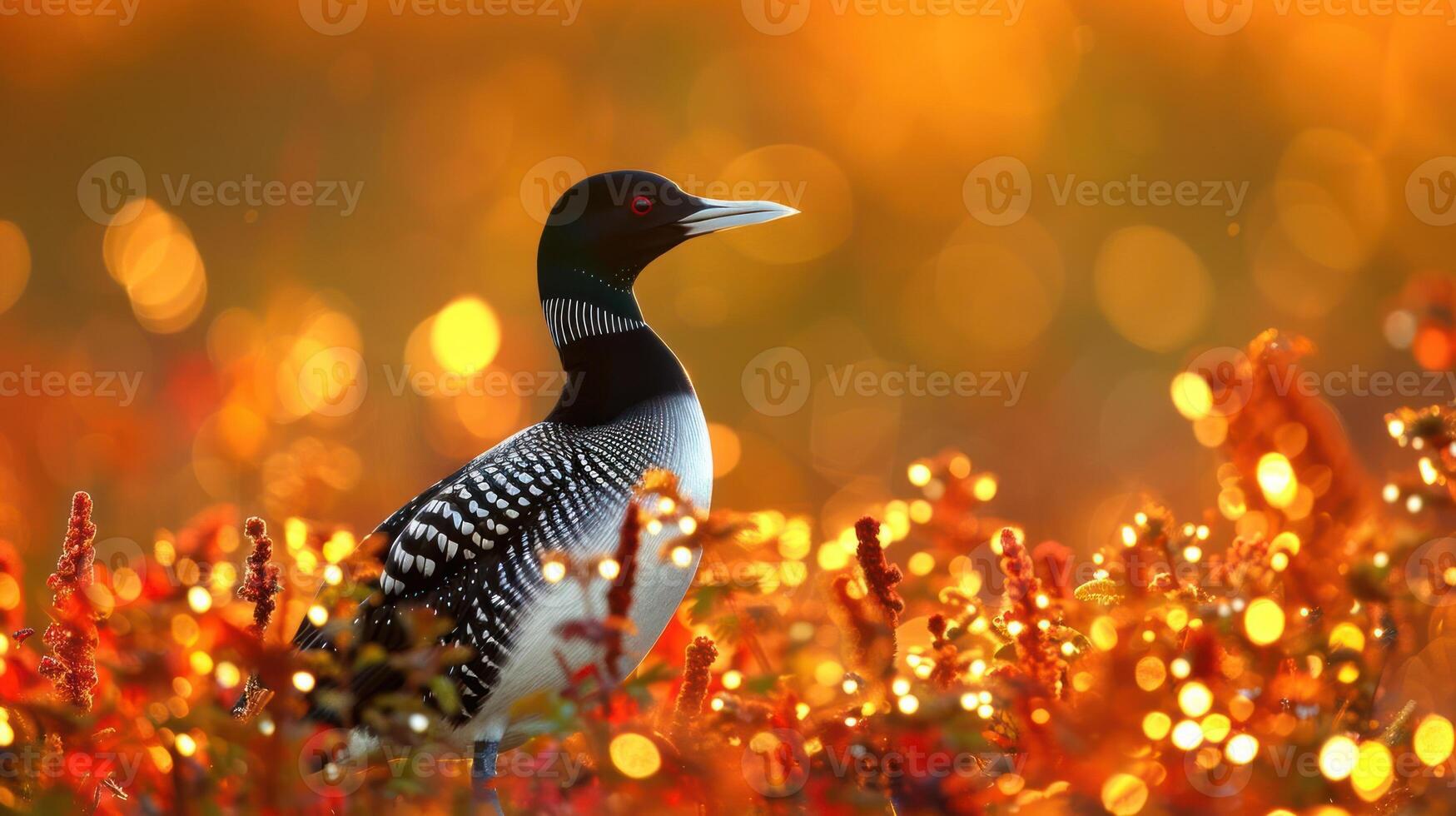 A vibrant loon stands amidst glowing autumn foliage, reflecting the beauty of nature's transition photo