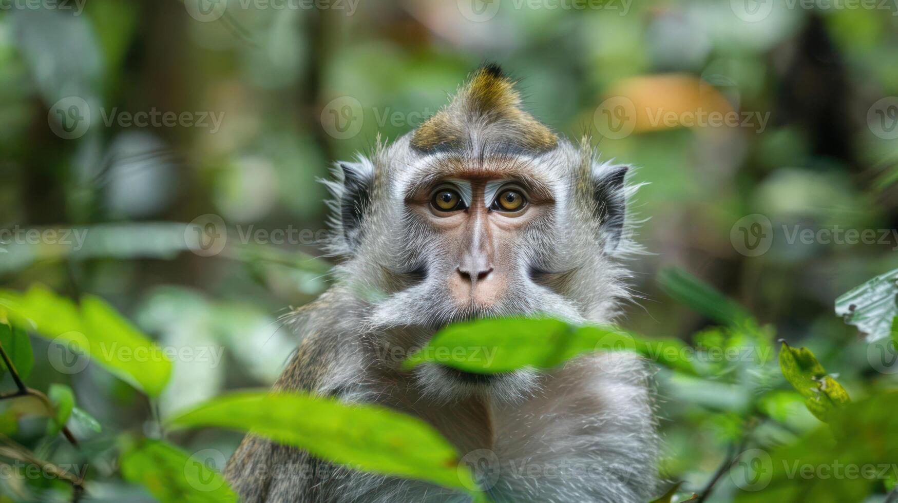Close-up of a monkey in a lush green forest, surrounded by foliage, showcasing its curious expression photo