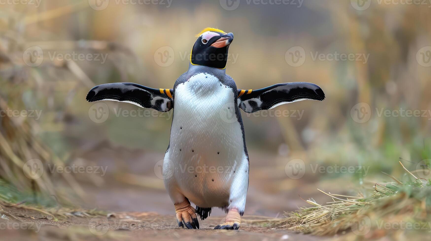 A king penguin confidently waddles along a grassy path in a serene, natural habitat photo