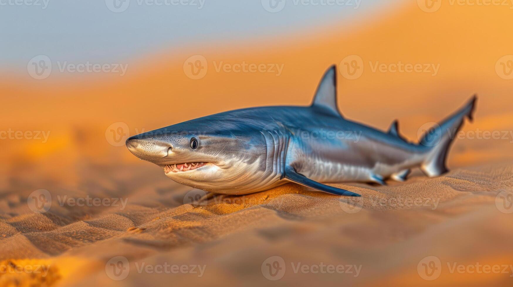 A shark stranded on a sandy beach at sunset, with soft waves in the background photo