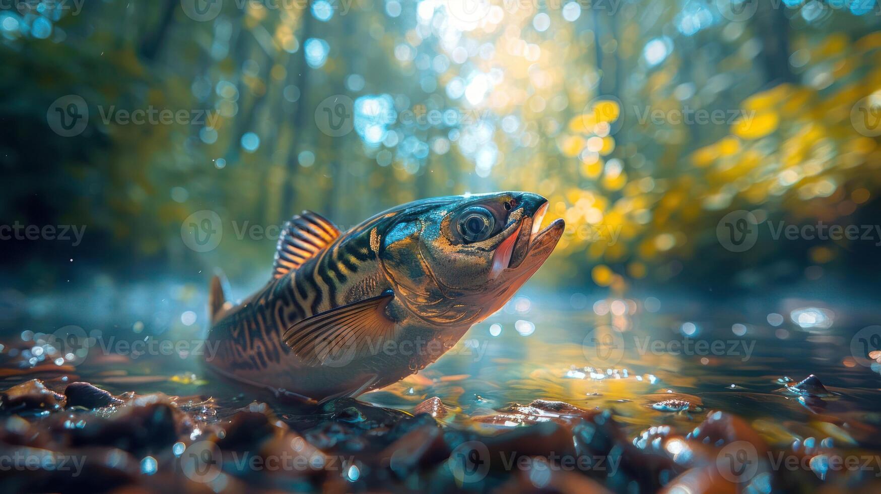 A vibrant fish swimming in a serene forest stream with sunlight filtering through trees photo