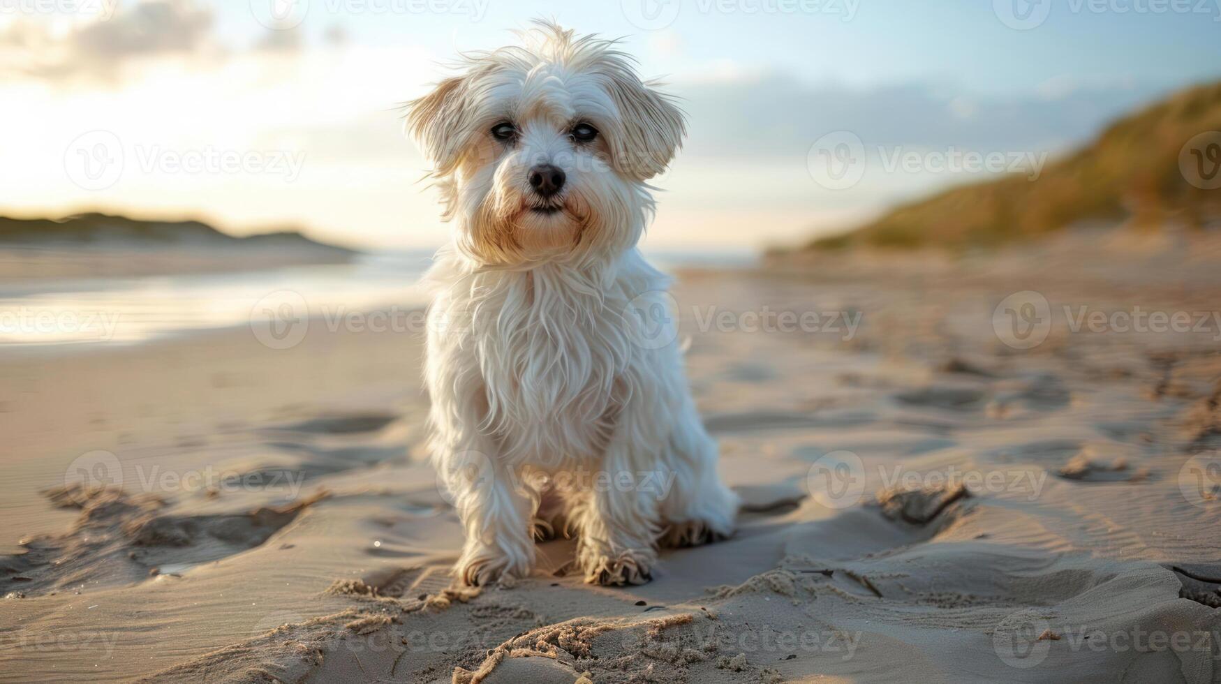 A small white dog sitting on the sandy beach during sunset, with gentle waves in the background photo