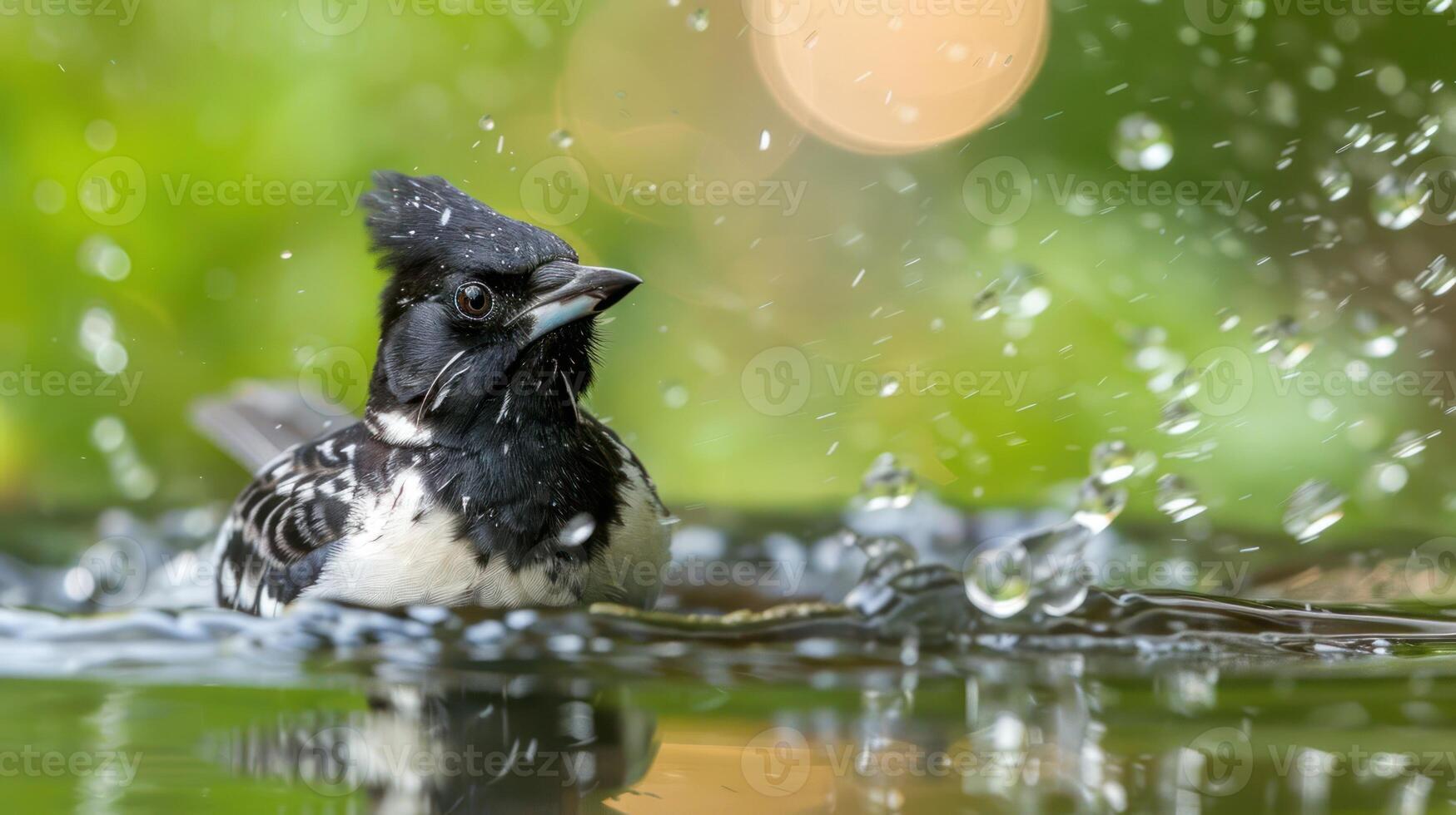 A striking bird splashes in a serene pond, creating ripples and droplets in lush greenery photo