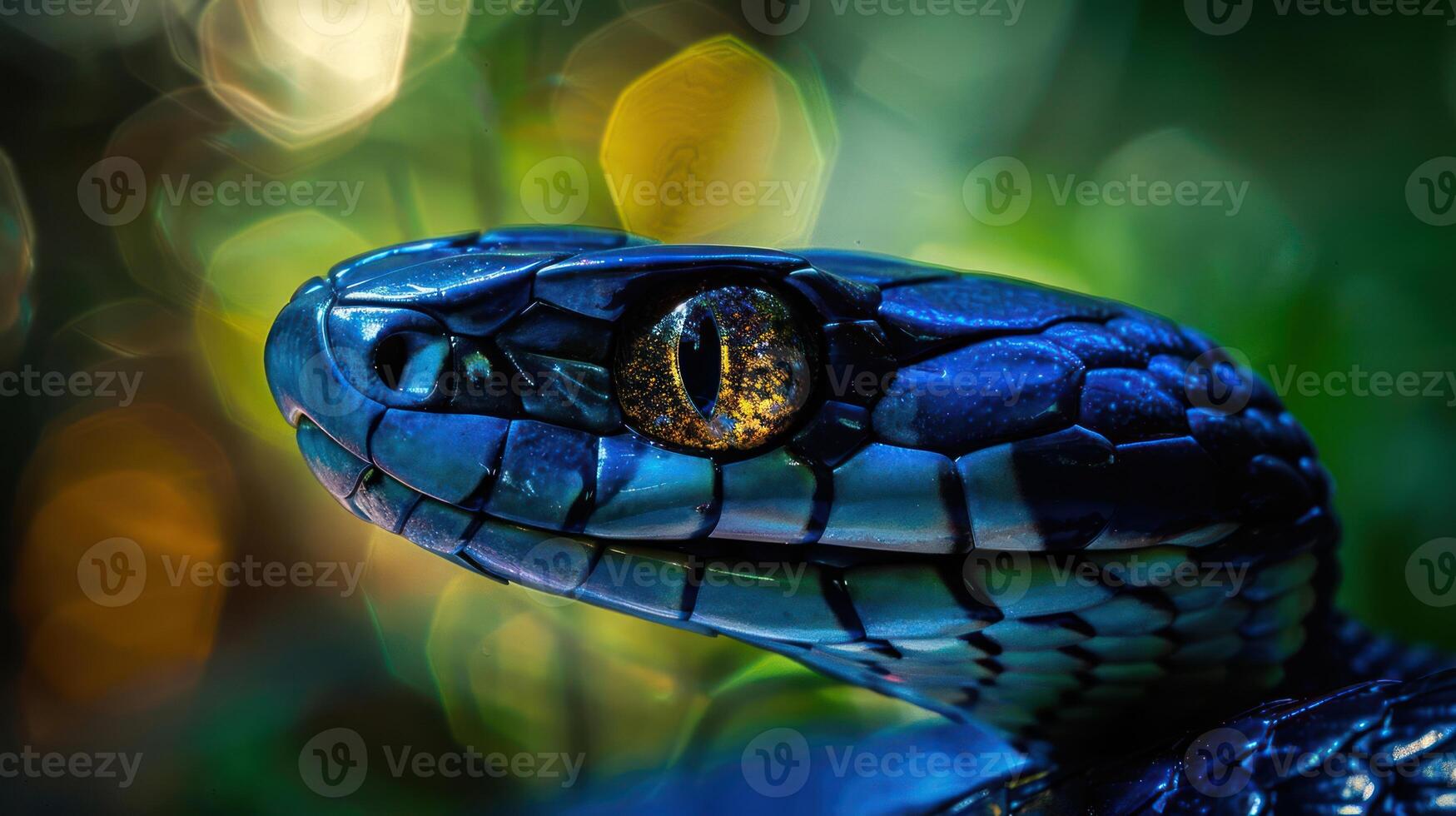 Close-up of a vibrant snake with striking scales and an intense gaze amidst a blurred natural background photo
