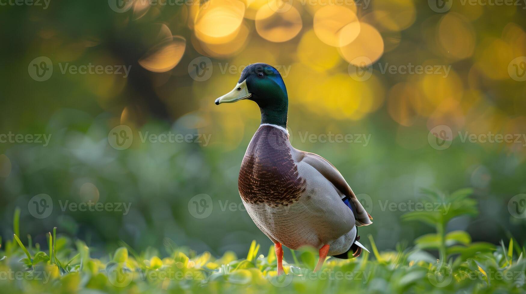 A vibrant mallard duck standing gracefully in lush greenery with a bokeh background photo
