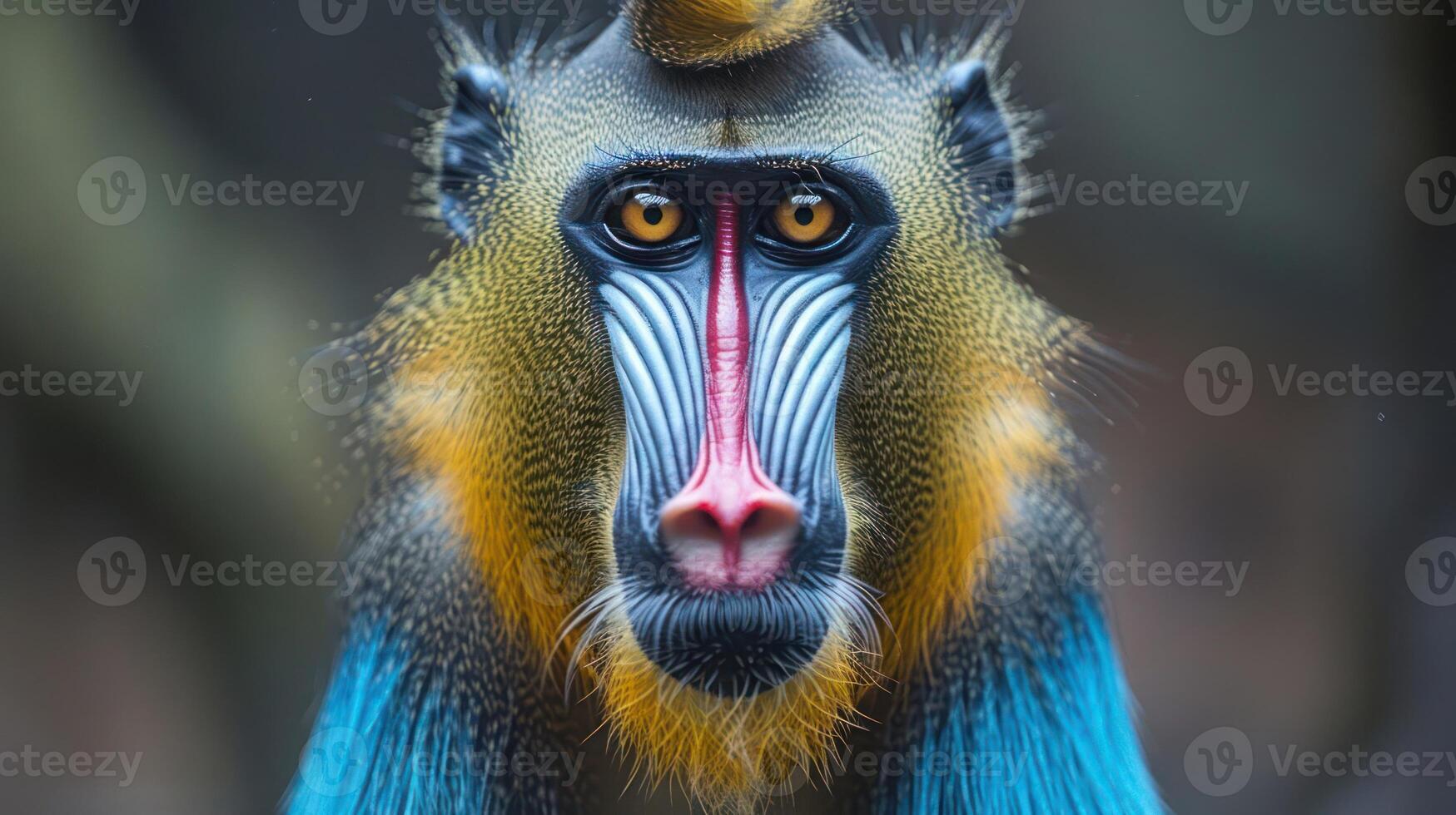 Close-up of a vibrant mandrill displaying striking facial features in a natural habitat photo