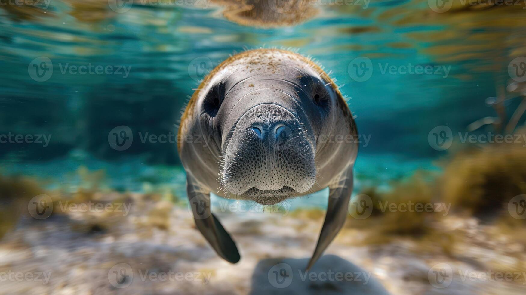 Underwater view of a curious manatee swimming gracefully in clear blue waters surrounded by aquatic plants photo