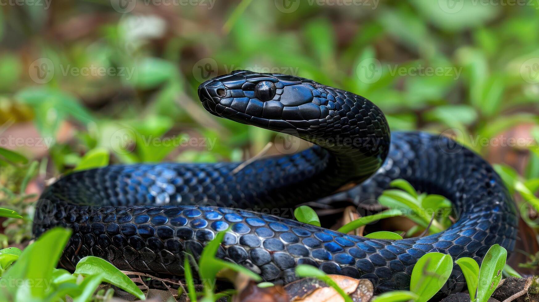 Black snake elegantly coiled on vibrant green grass in a lush forest, surrounded by nature photo