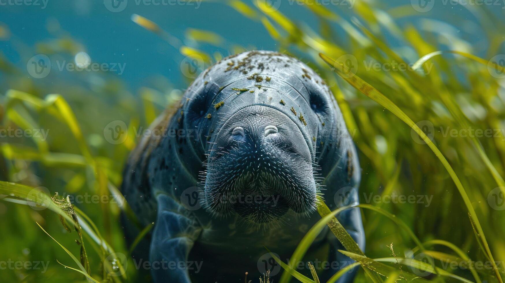 A serene underwater scene featuring a manatee amidst lush seagrass, with bubbles rising in the background photo