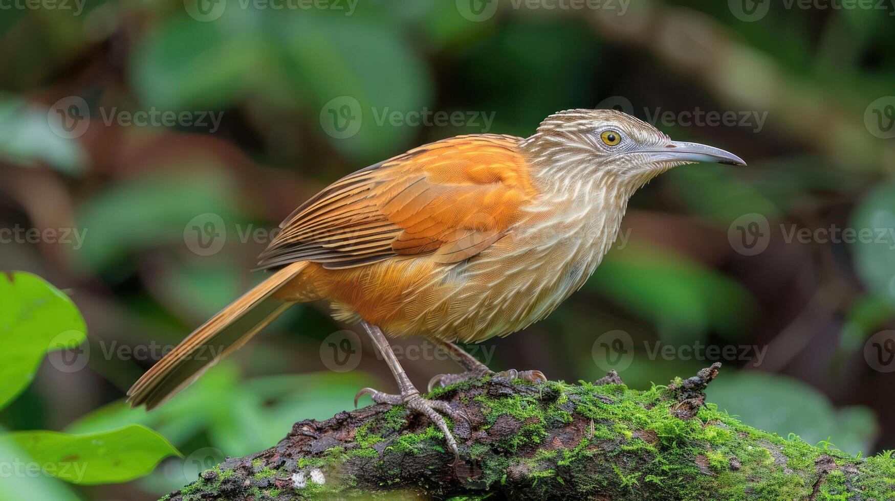 Vibrant orange bird perched on a mossy log in a lush green rainforest, surrounded by foliage photo