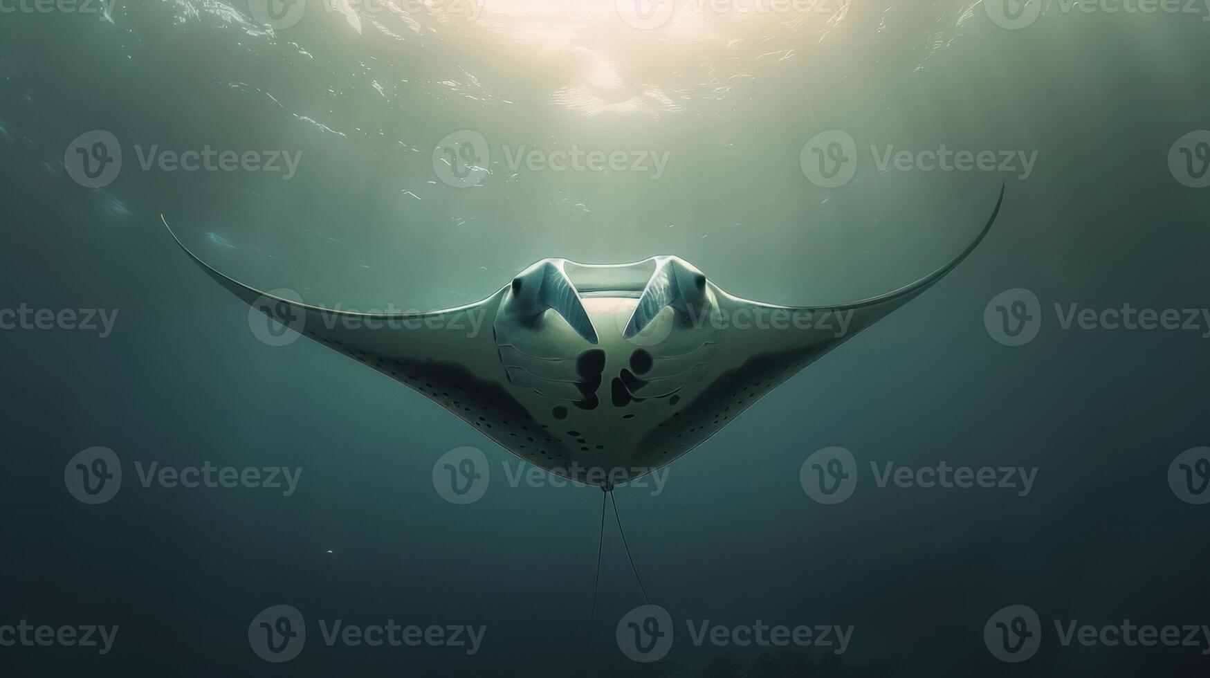 Majestic manta ray gliding gracefully underwater with sunlight filtering through the surface photo