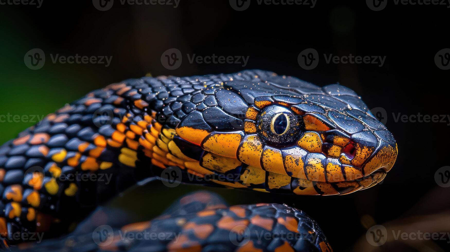 Close-up of a vibrant snake showcasing intricate scales and vivid colors in a natural setting photo
