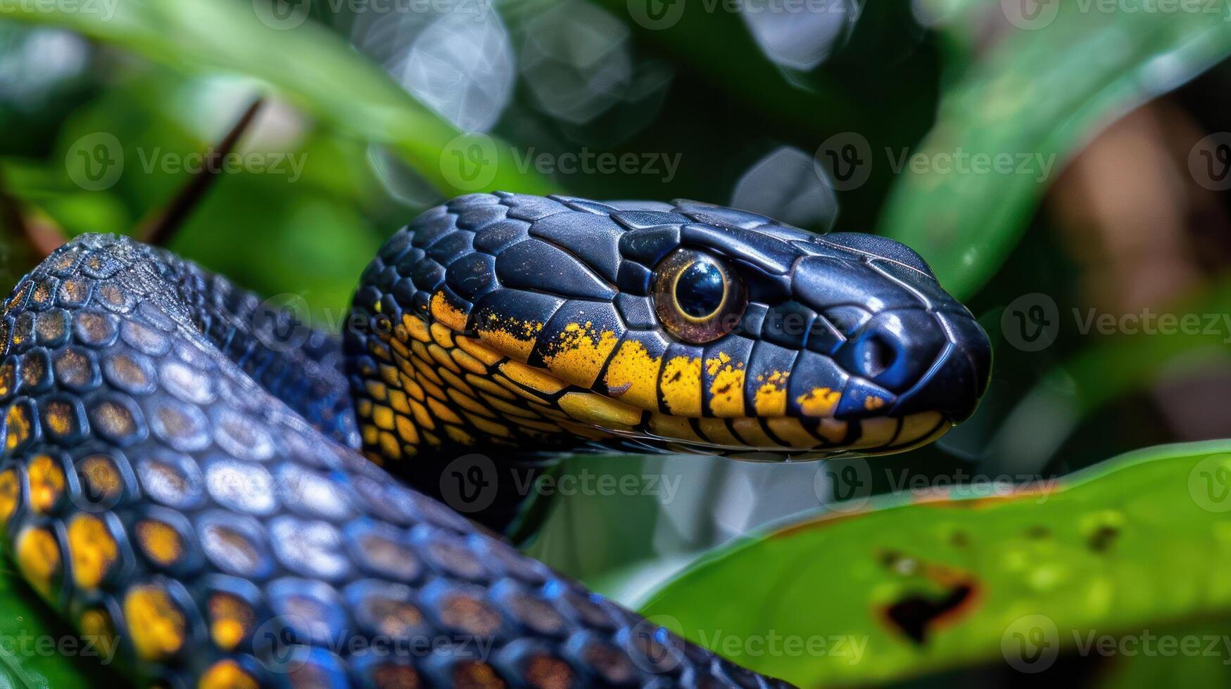 Close-up of a vibrant black and yellow snake coiled among lush green foliage in a rainforest photo