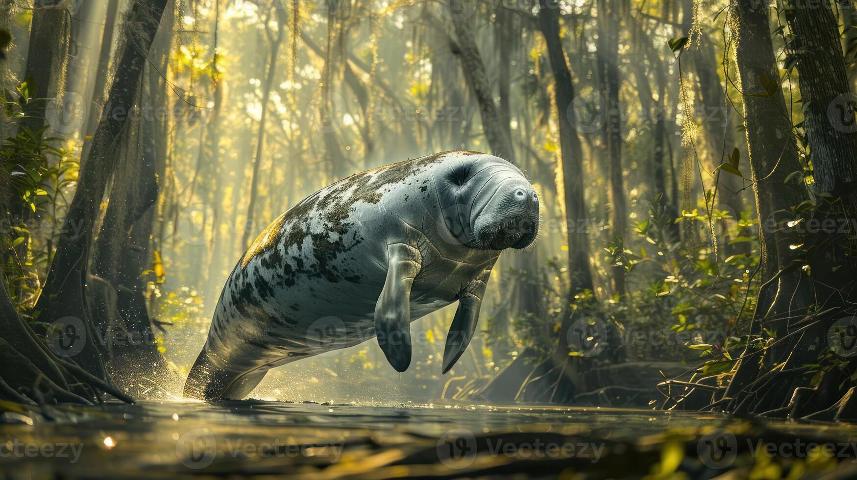 Manatee gracefully swimming through a lush, sunlit swamp surrounded by vibrant greenery photo