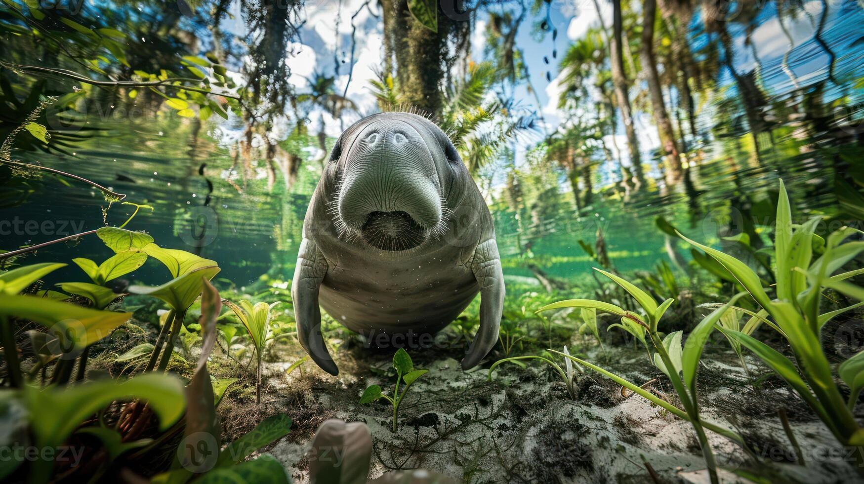 Underwater view of a manatee surrounded by lush greenery in a serene freshwater habitat photo