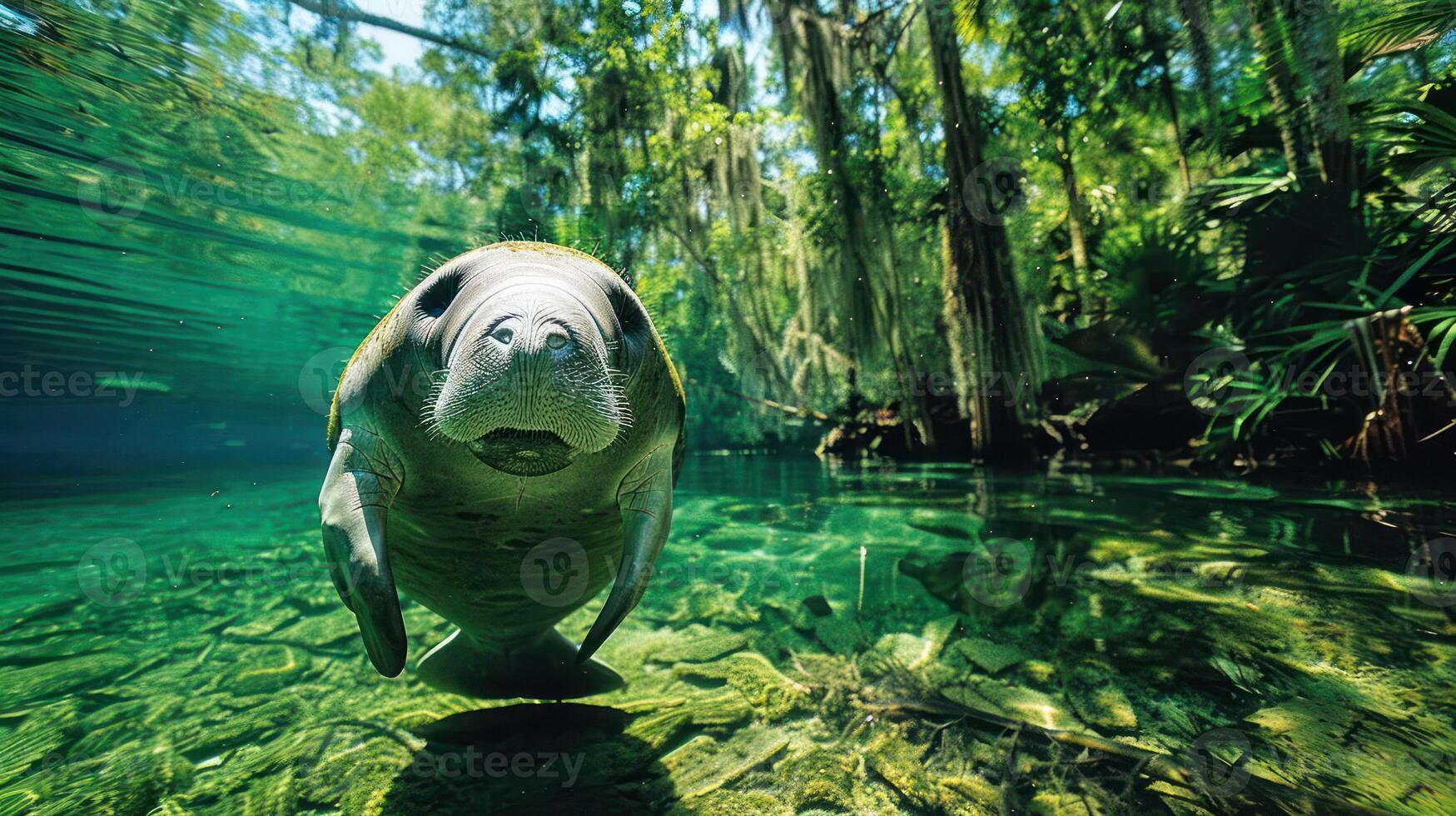A serene underwater scene featuring a manatee swimming gracefully through clear waters surrounded by lush greenery photo