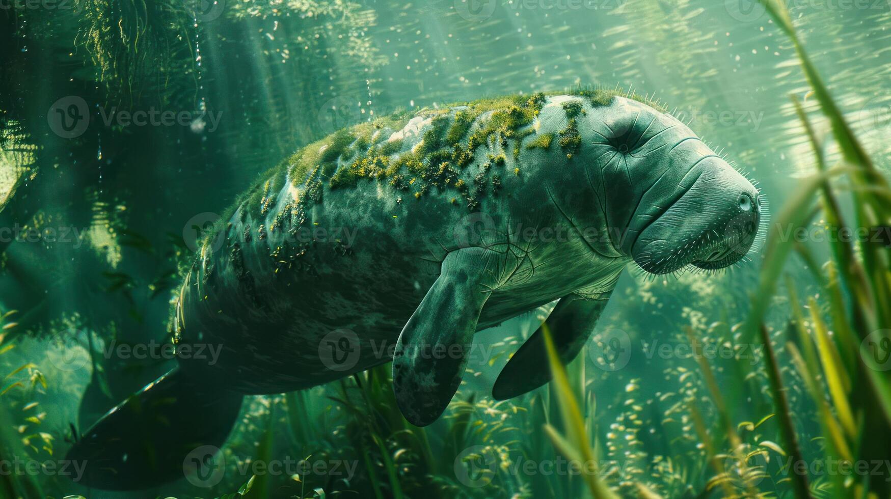Underwater scene featuring a manatee swimming gracefully among lush aquatic vegetation in a serene environment photo