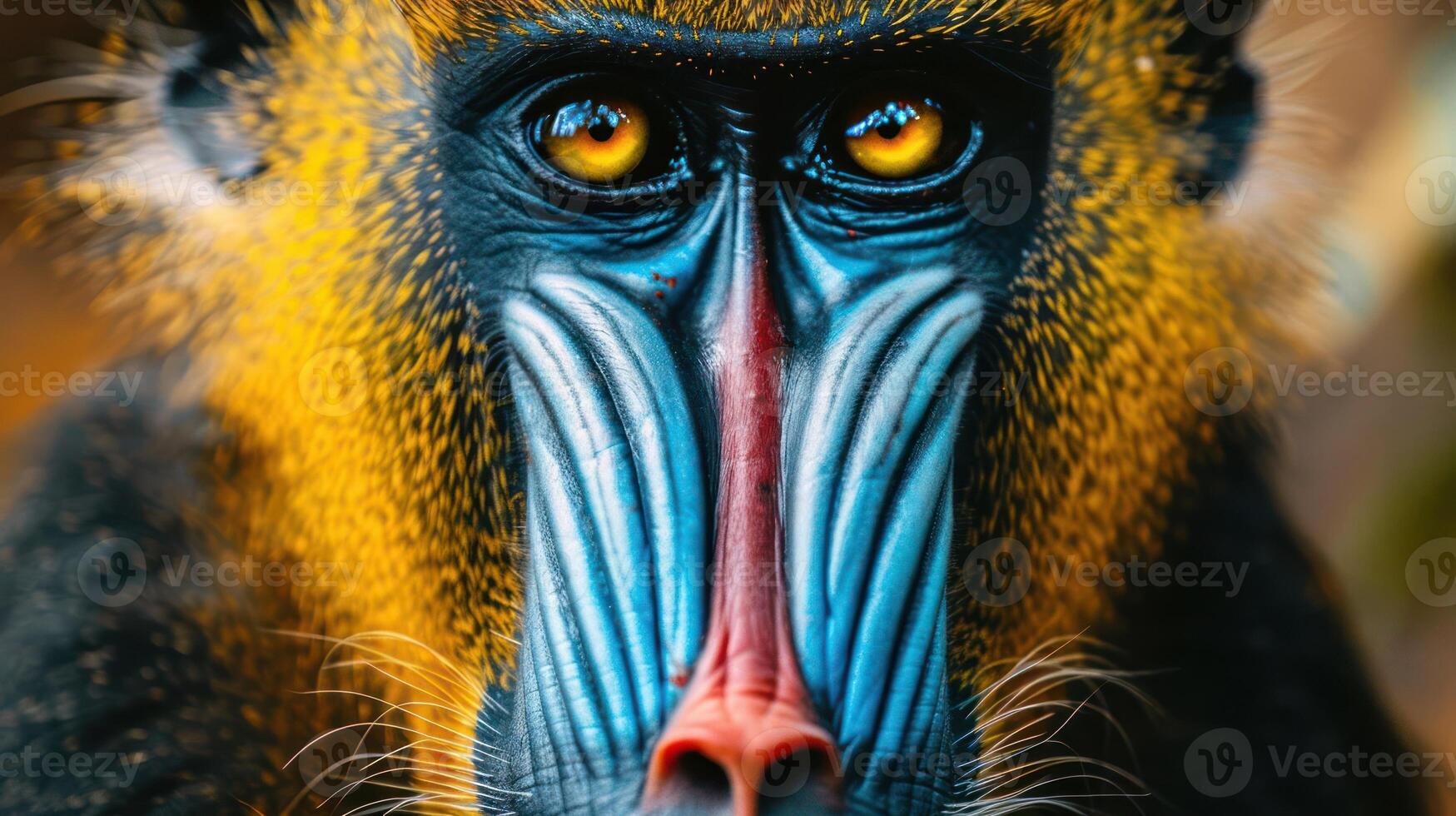 Close-up portrait of a vibrant mandrill showcasing its colorful facial features and intense gaze photo
