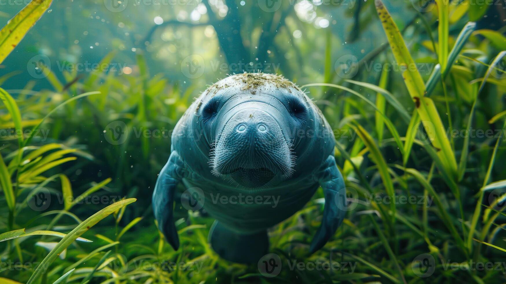 Underwater view of a manatee swimming through lush green aquatic vegetation in serene habitat photo