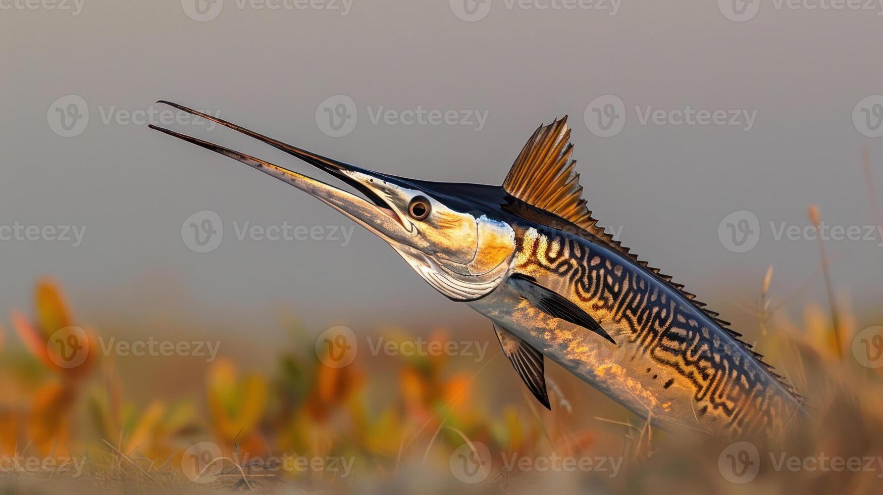 Close-up of a vibrant fish with elongated snout swimming in shallow water surrounded by plants photo