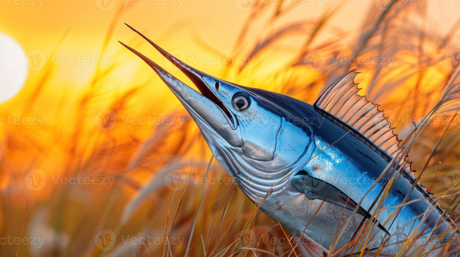 Vibrant marlin leaping through golden grasses at sunset, showcasing nature's beauty and action photo
