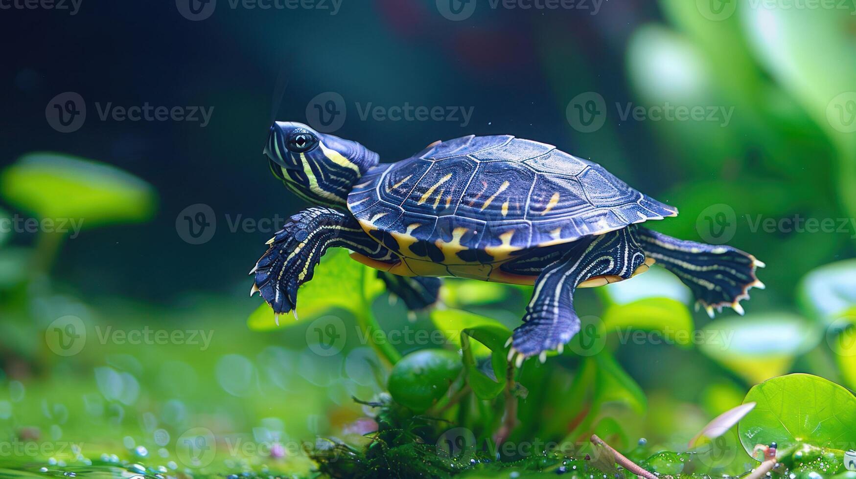 A vibrant turtle swimming gracefully among lush aquatic plants in a serene underwater habitat photo