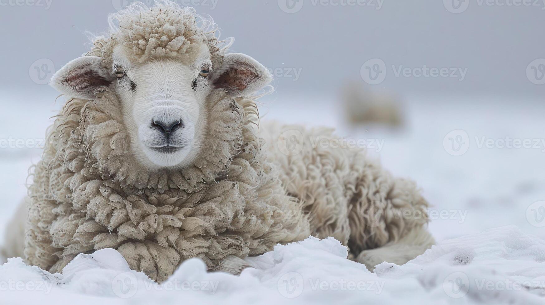 A fluffy sheep resting in a snowy landscape, surrounded by a serene winter scene photo