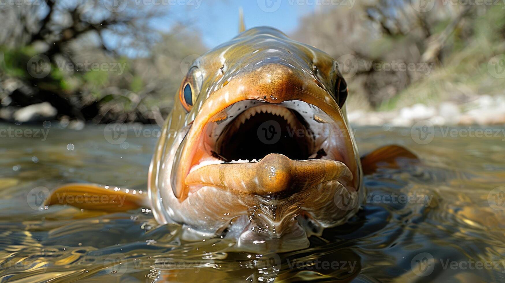 Close-up of a fish emerging from clear water, surrounded by a natural landscape with trees photo