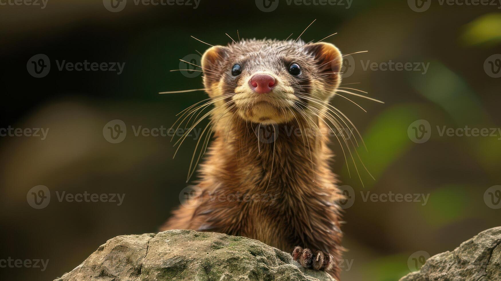 Playful marten perched on a rock, surrounded by lush greenery in a natural habitat photo