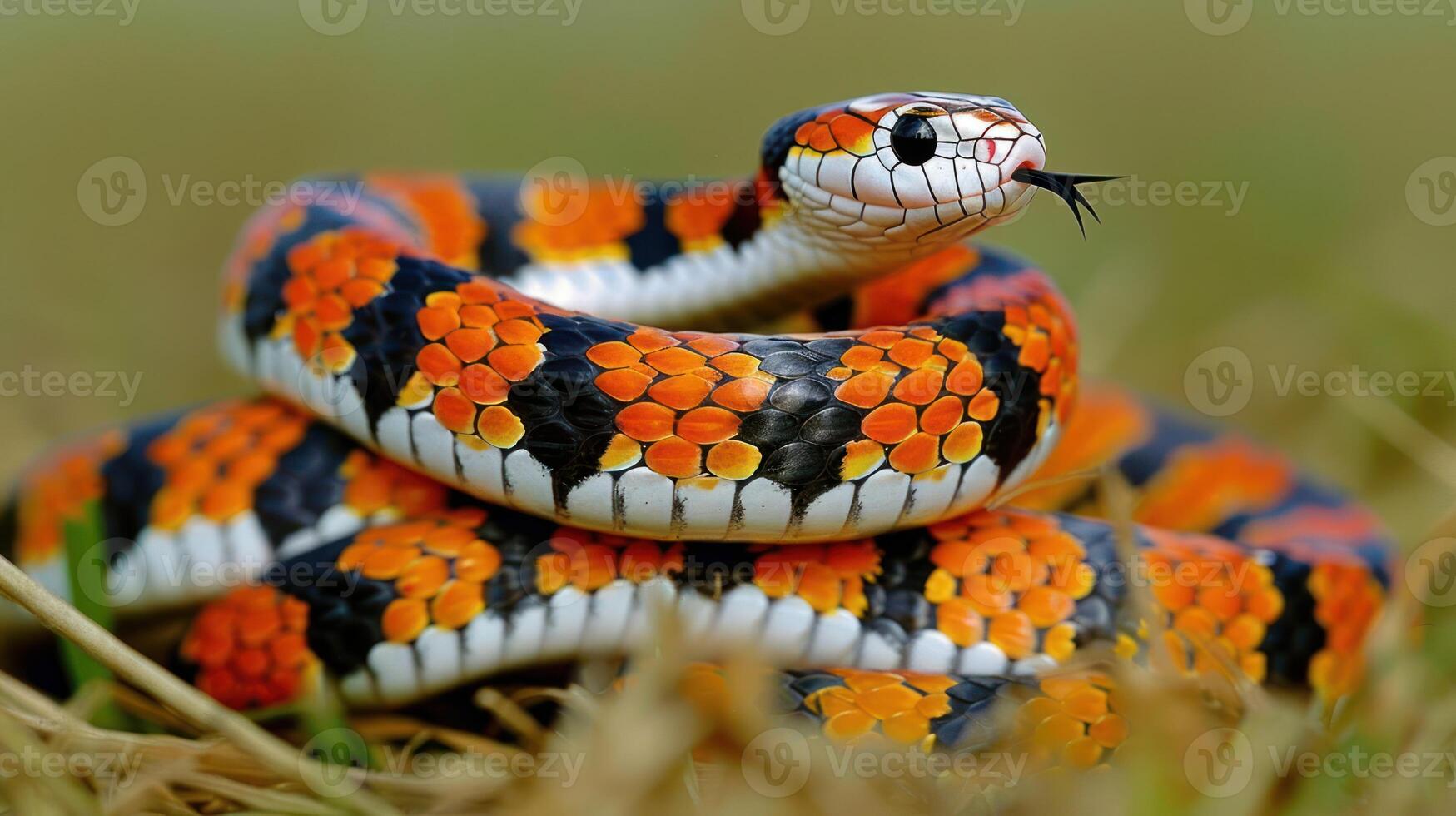 Colorful snake coiled on grass, showcasing vibrant scales and flicking tongue in natural habitat photo