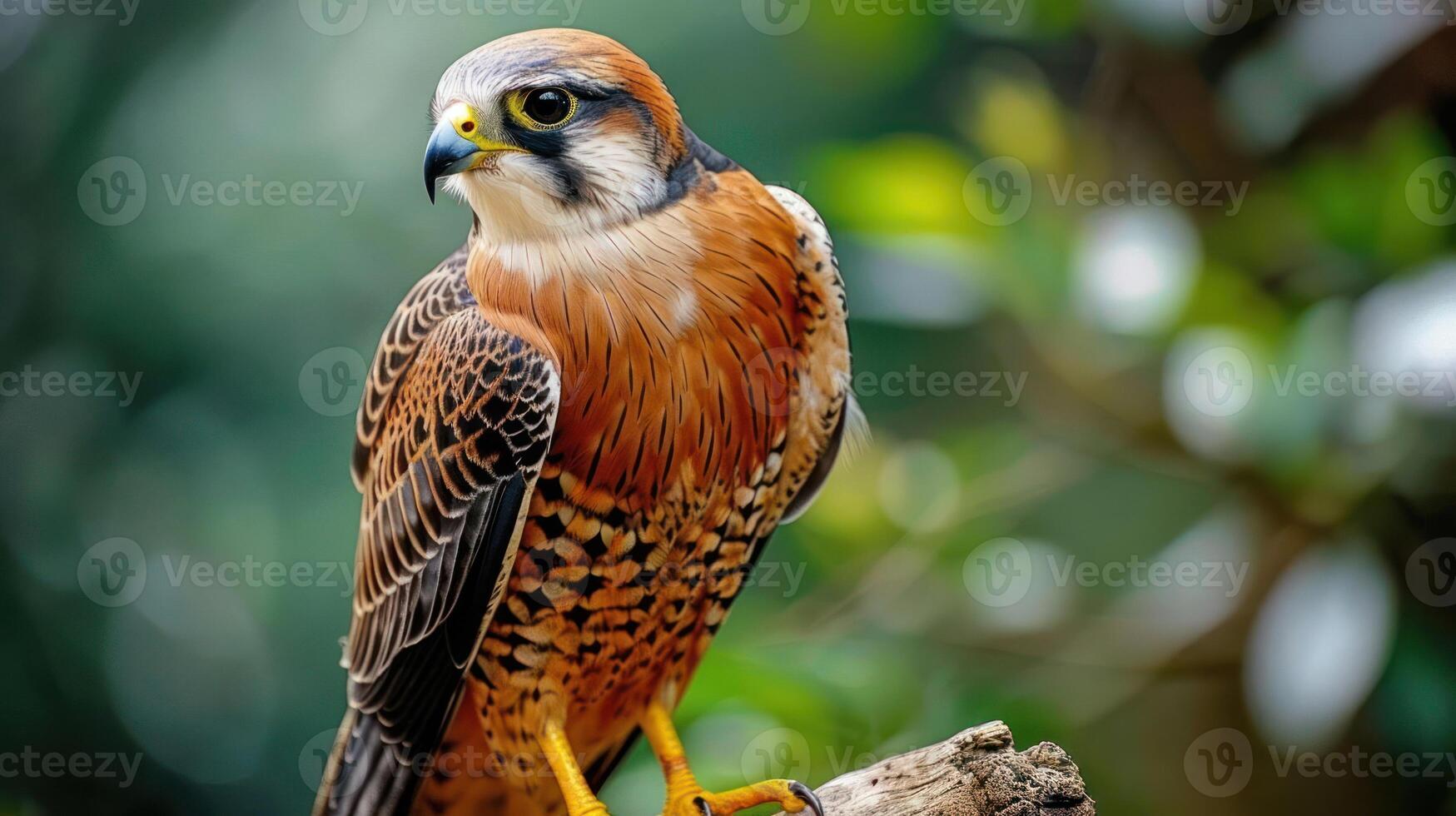Majestic falcon perched on a branch, surrounded by lush greenery in a serene environment photo