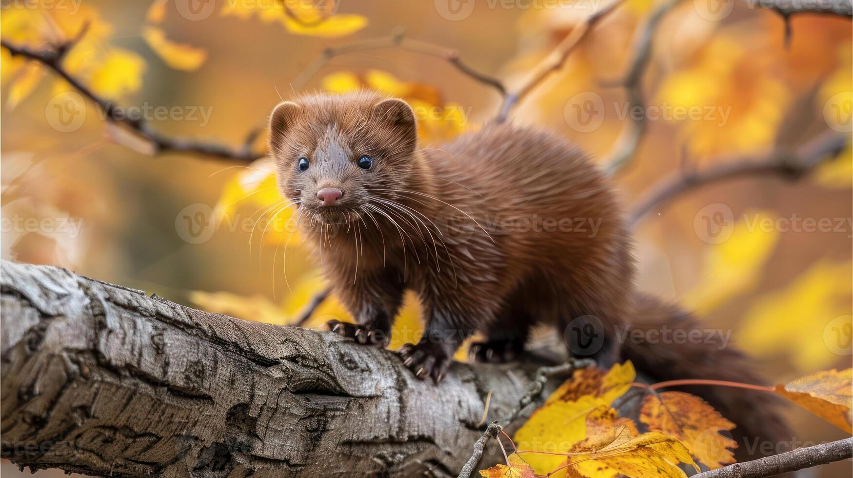 A curious marten exploring a tree branch amidst vibrant autumn leaves in a forest setting photo