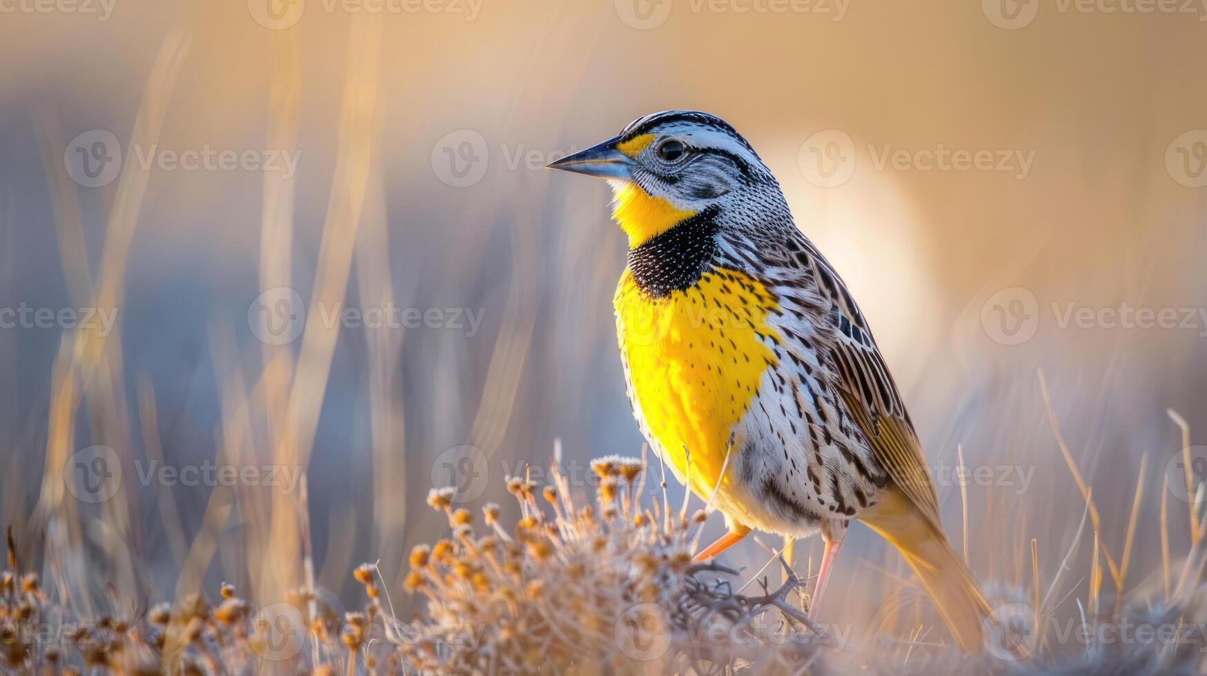 Vibrant Meadowlark Perched Amidst Golden Grasses at Sunset, Capturing Nature's Serenity photo
