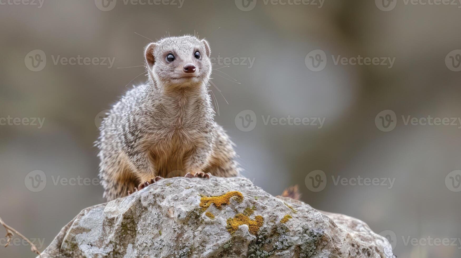 A curious mongoose perched on a rock, observing its surroundings in a blurred natural habitat photo