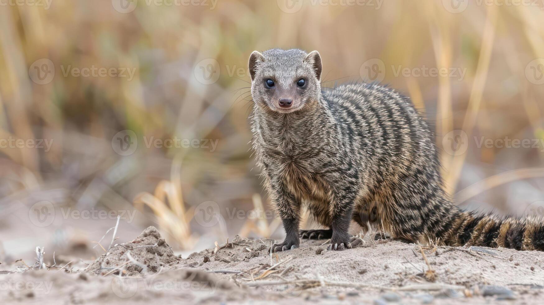 Striped mongoose standing alert in a natural habitat with blurred grass in the background photo