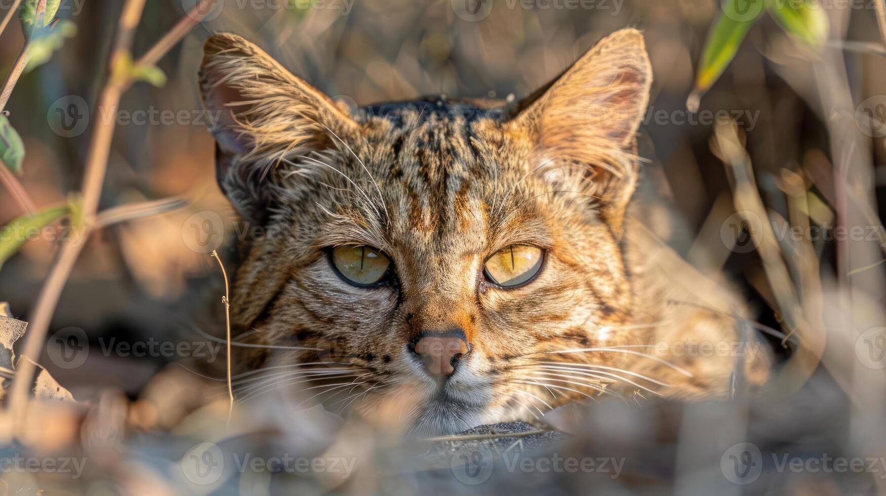 Close-up of a wild cat resting in natural habitat, surrounded by dry grass and foliage photo