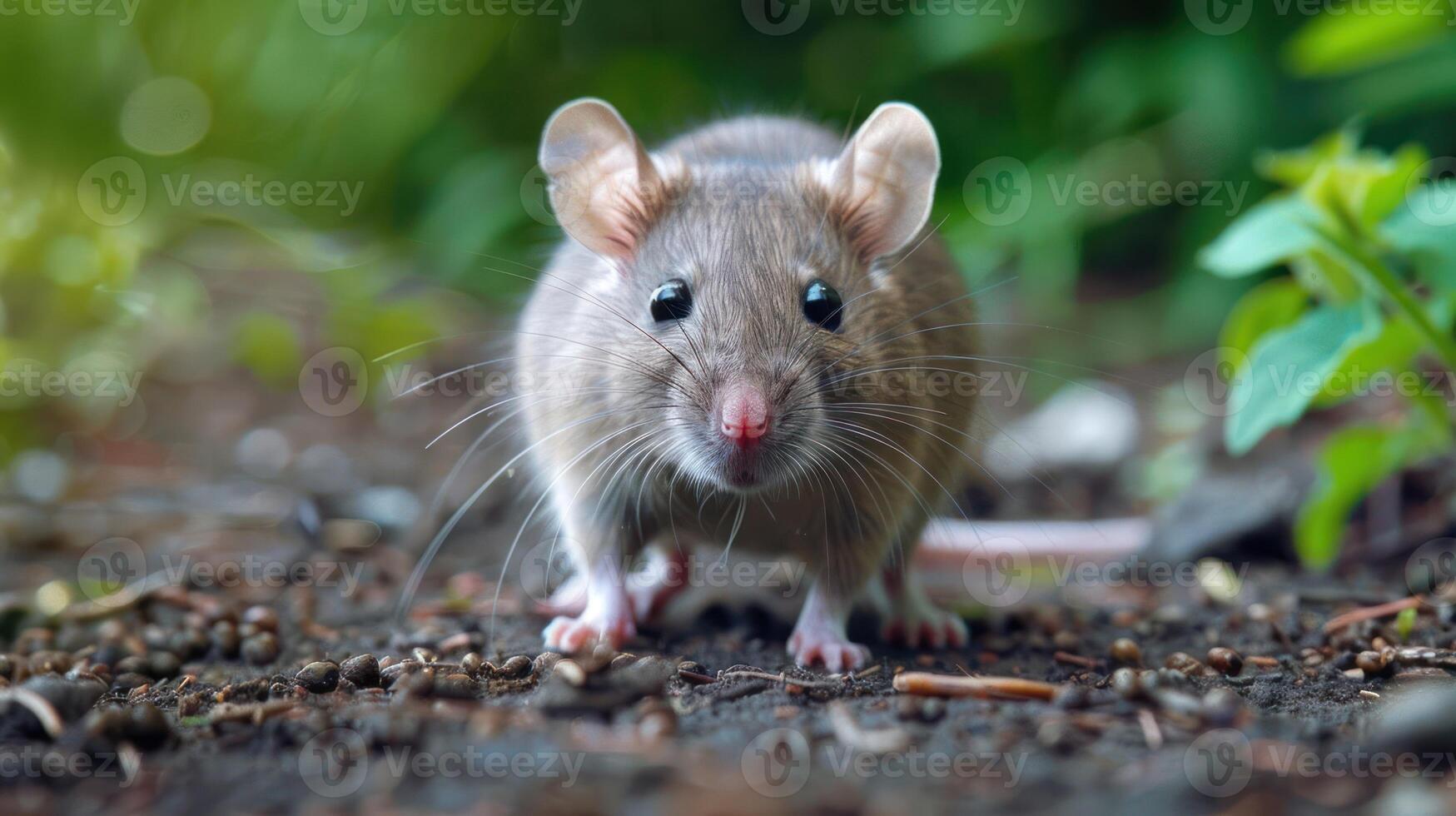 Close-up of a curious mouse exploring the forest floor, surrounded by lush greenery and soft light photo