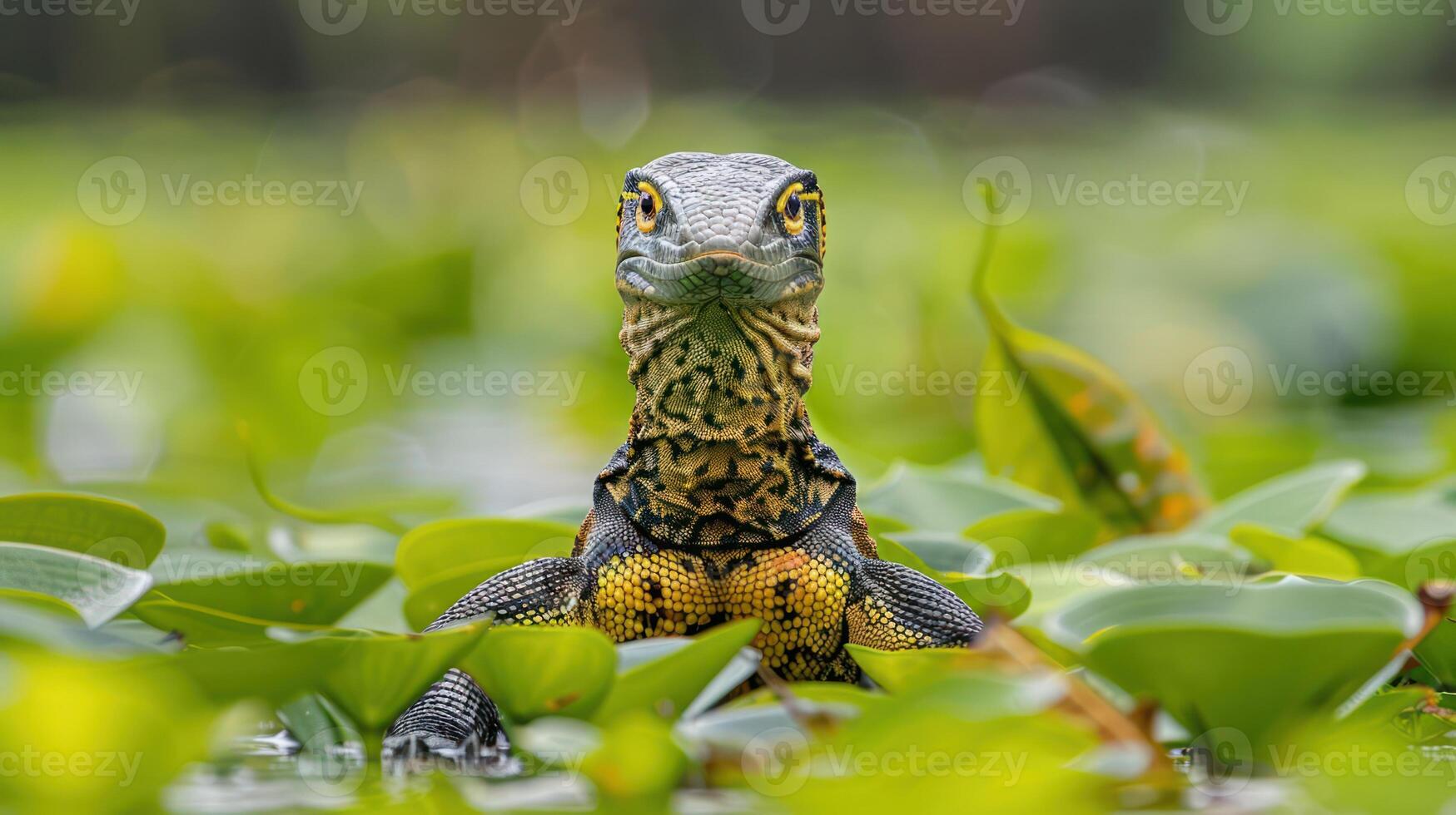 Close-up of a vibrant lizard emerging from lush water lilies in a serene natural habitat photo