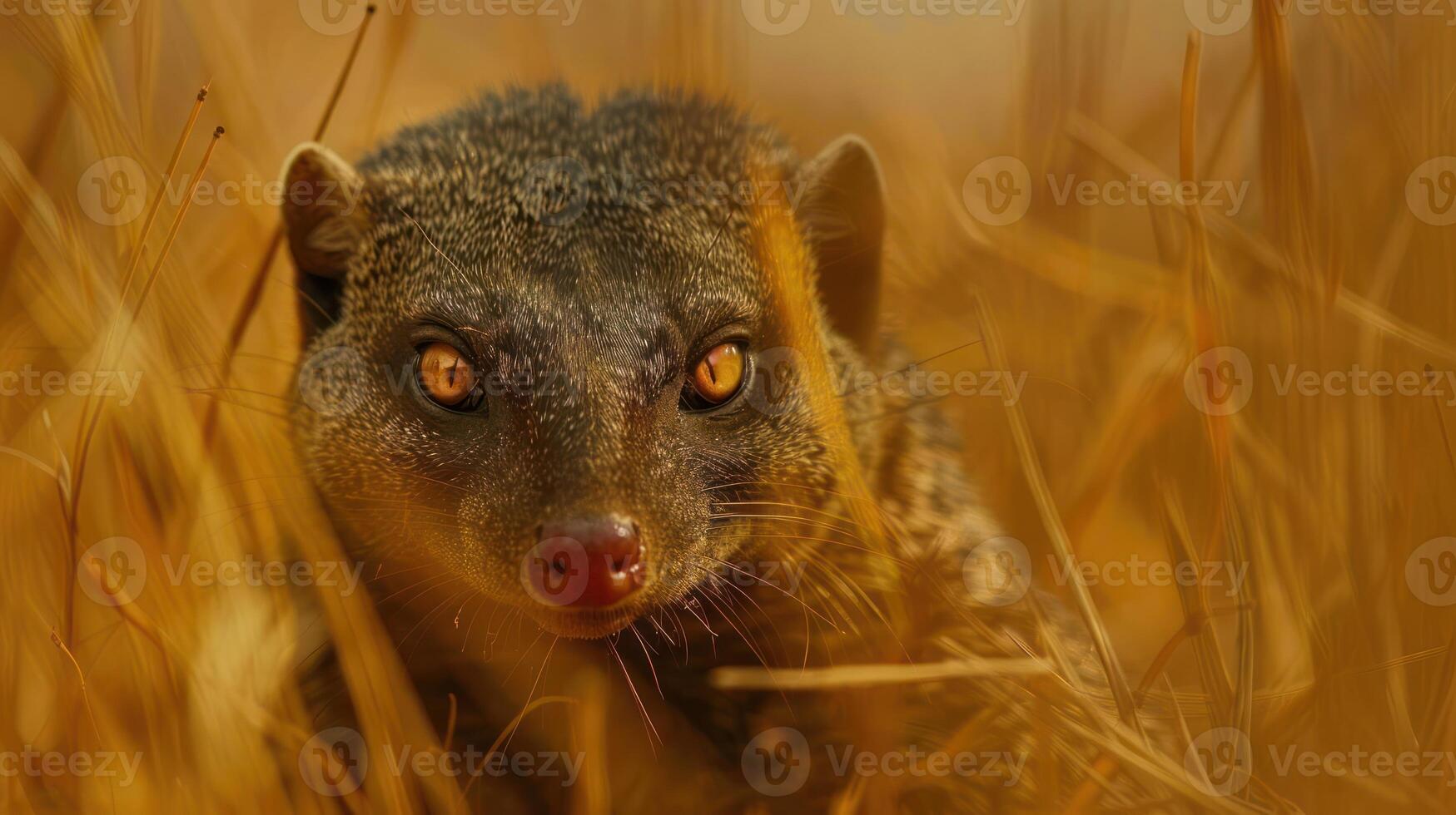 Close-up of a curious mongoose in golden grass, showcasing its intense gaze and natural habitat photo