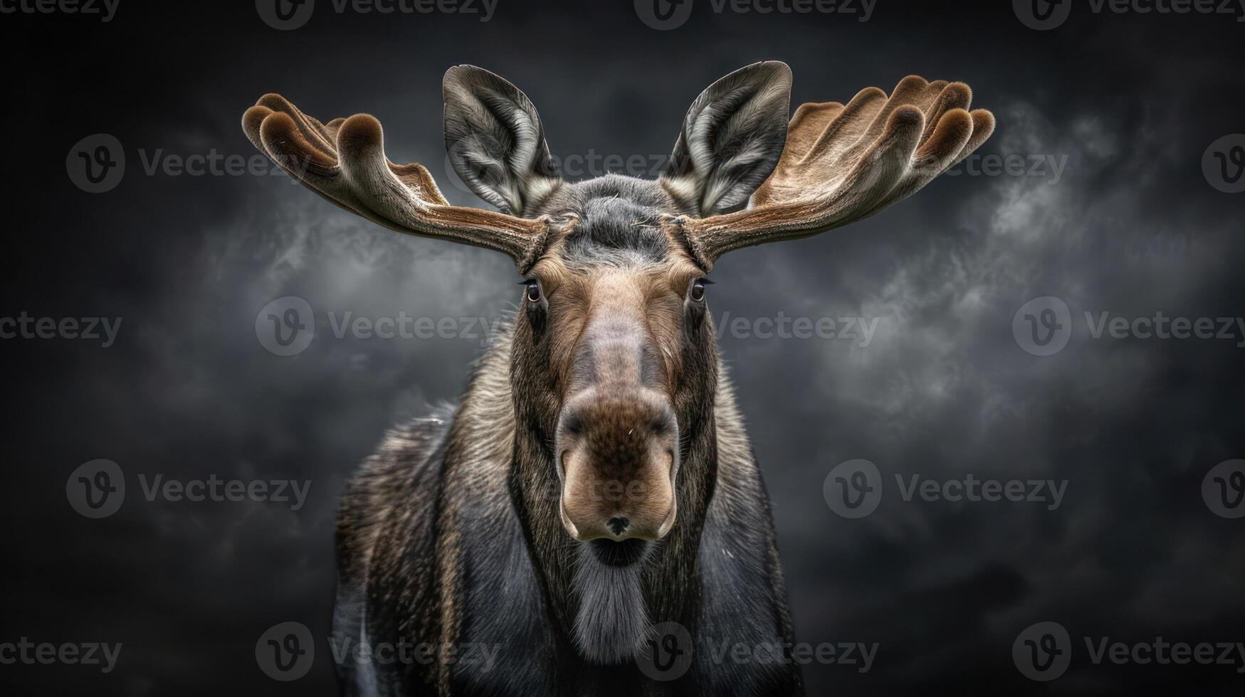 Majestic moose standing against a dramatic stormy sky, showcasing its impressive antlers photo