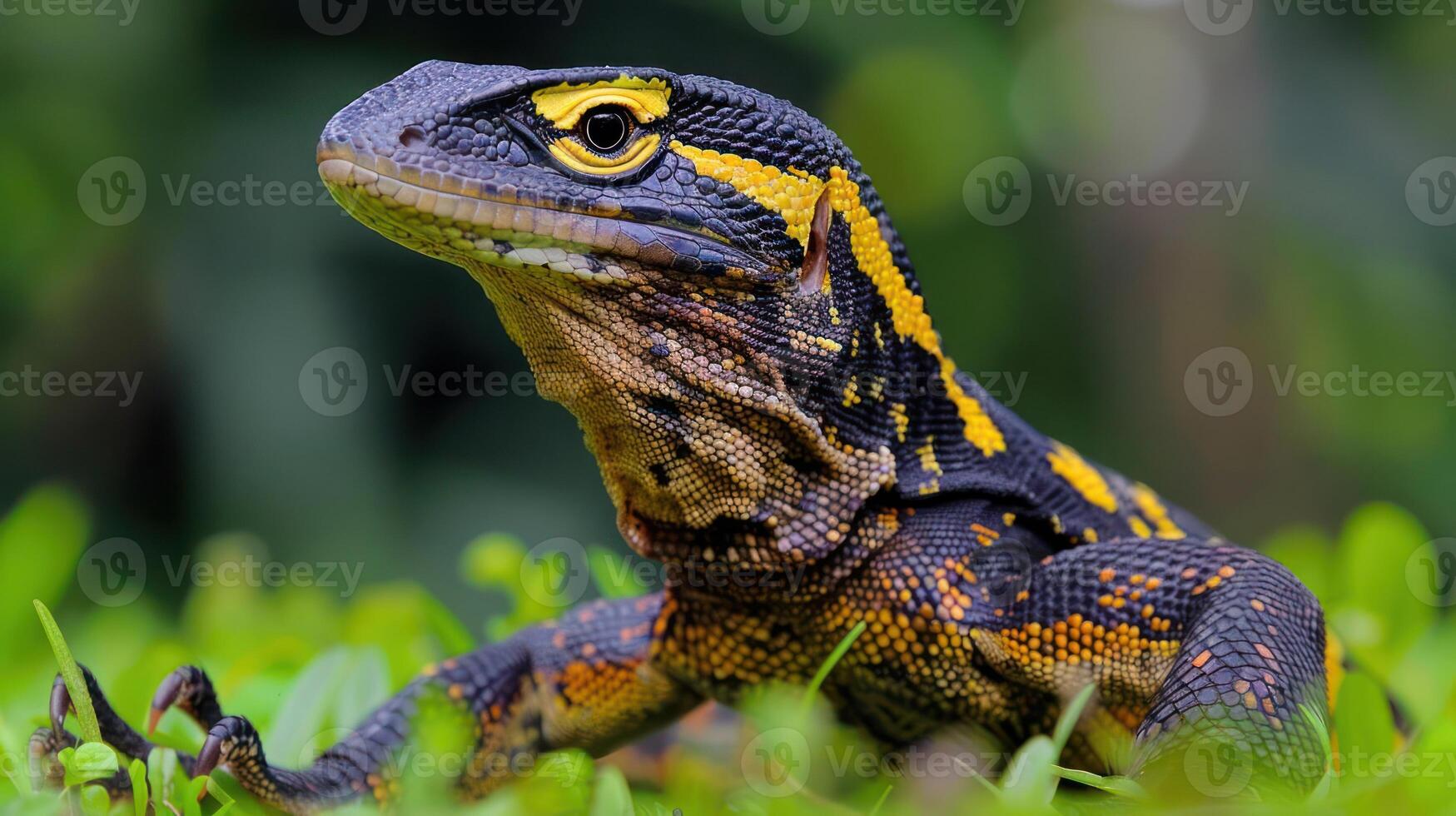 Colorful lizard basking on lush green grass, showcasing vibrant patterns in a natural habitat photo