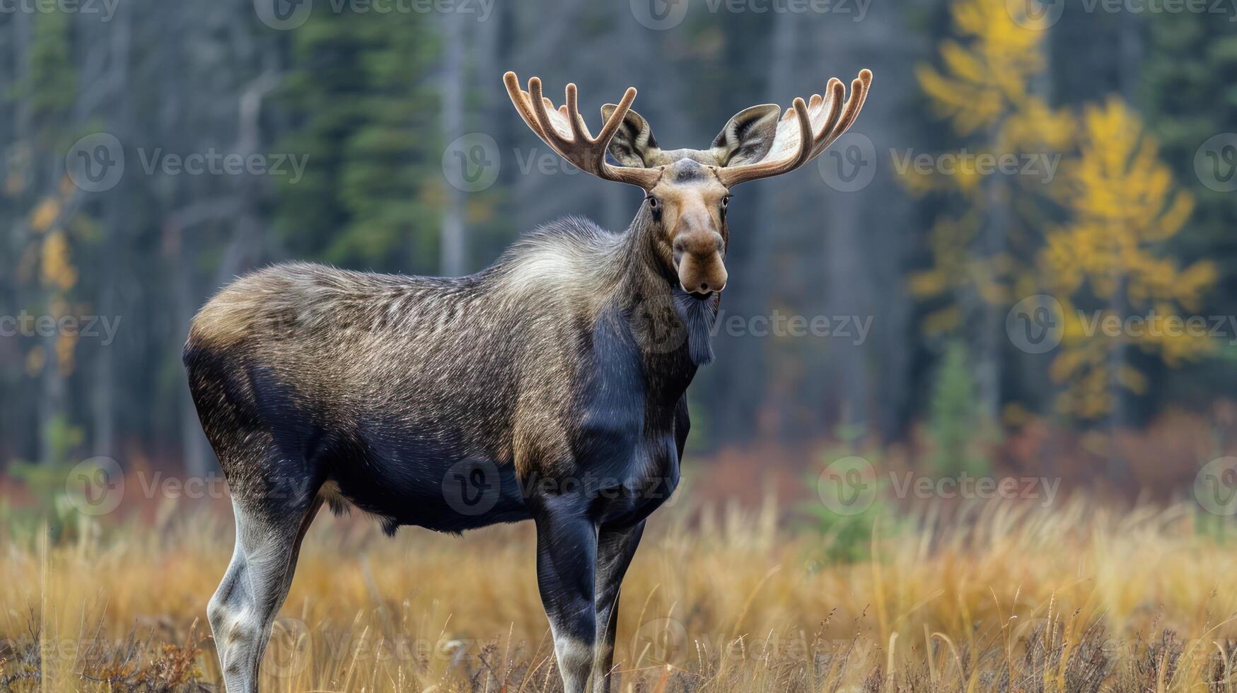 Majestic moose standing in autumn meadow surrounded by colorful foliage and tall trees photo