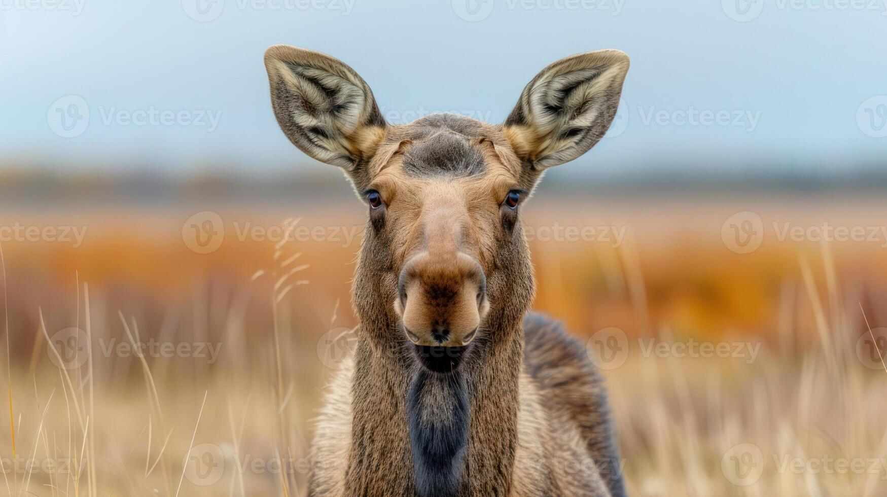 Close-up of a young moose in a grassy field during autumn, with colorful foliage in the background photo