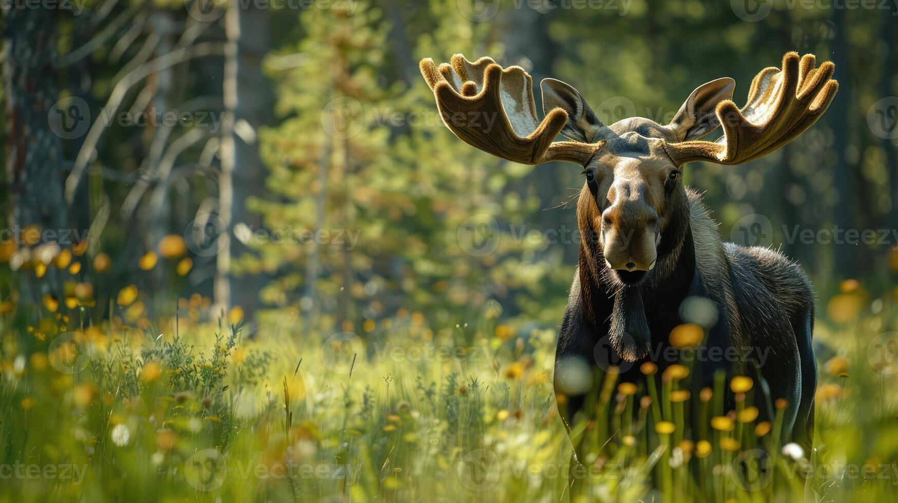 Majestic moose standing in a vibrant meadow filled with wildflowers in a serene forest setting photo