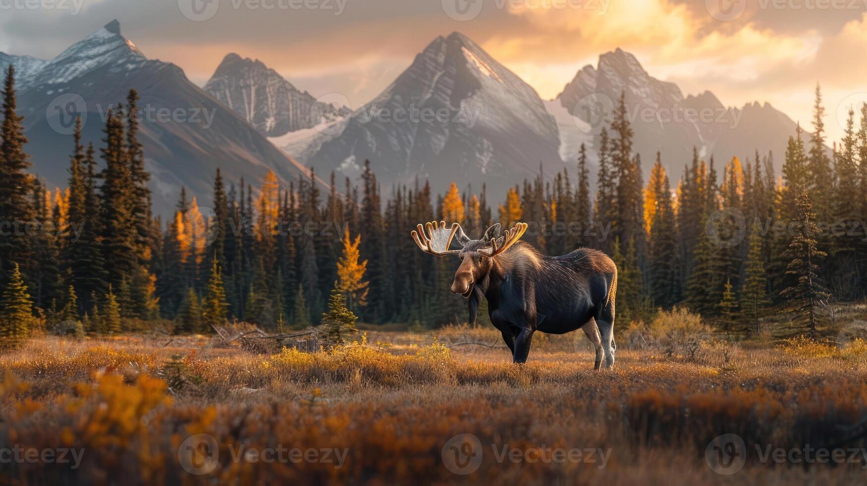 Majestic moose stands in a vibrant autumn landscape with mountains and golden foliage photo