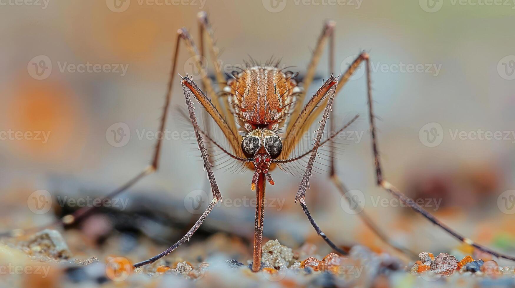 Close-up of a mosquito feeding on a surface with colorful particles in the background photo