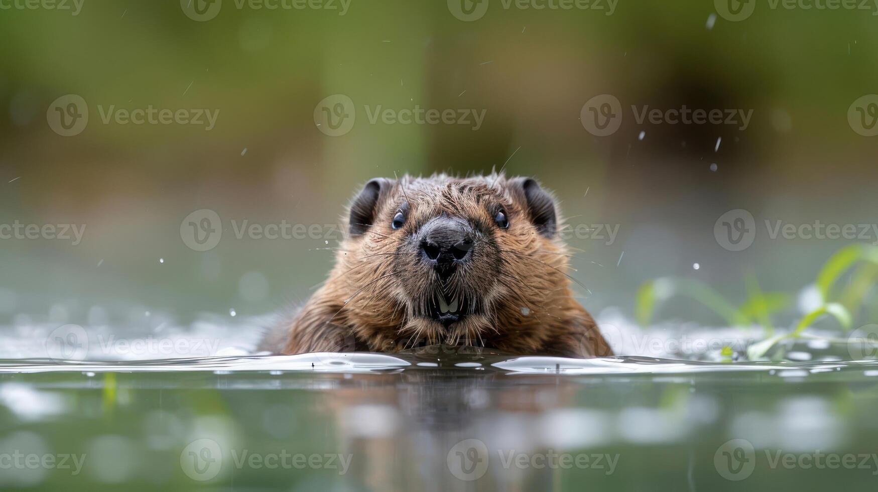 Close-up of a beaver swimming in a serene pond surrounded by lush greenery and water droplets photo