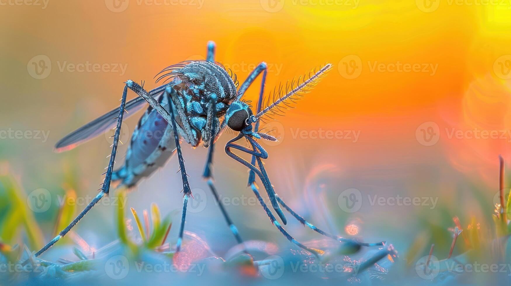 Close-up of a mosquito feeding on a surface during sunset, with blurred natural background photo