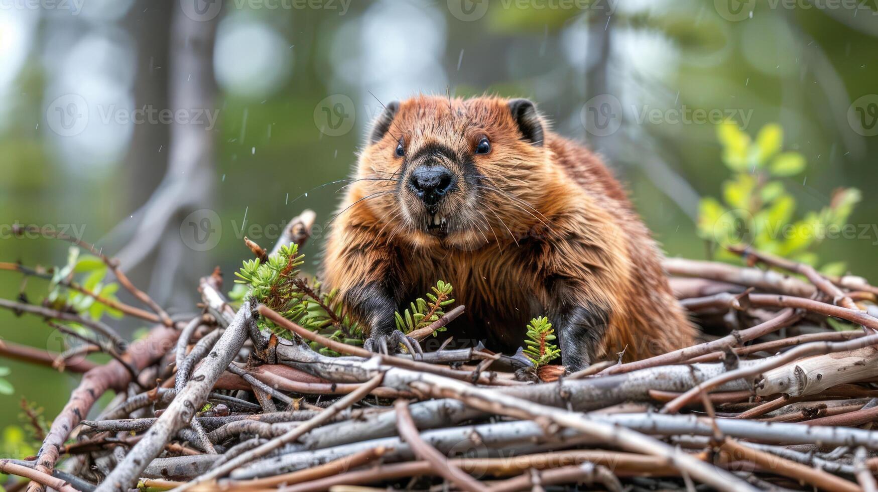 A beaver perched on a nest of branches in a lush forest, surrounded by greenery and rain photo